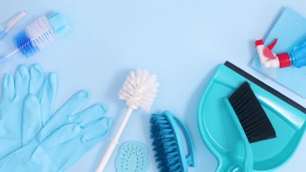 House Cleaning Tools Equipment House Works Move Pastel Blue Background — Stock Video