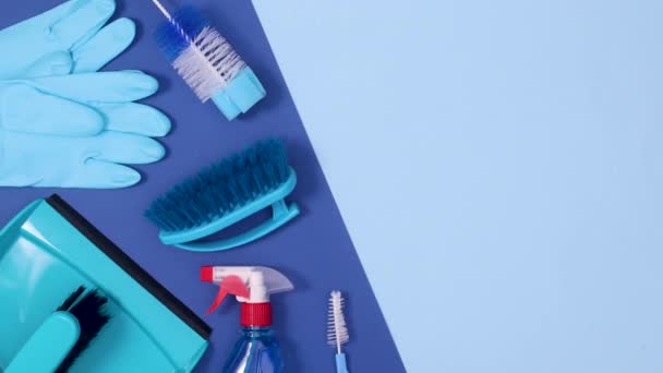 Cleaning Household Tools Move Dark Bright Blue Background Stop Motion — Stock Video