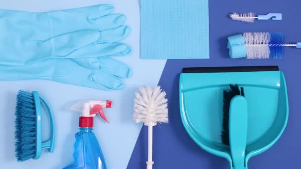 Sanitary Cleaning Household Tools Appear Dark Bright Blue Background Stop — Stock Video