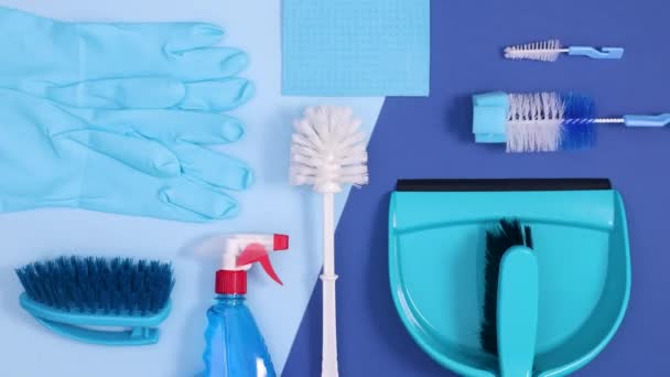 Sanitary Cleaning Household Tools Layout Dark Bright Blue Background Stop — Stock Video