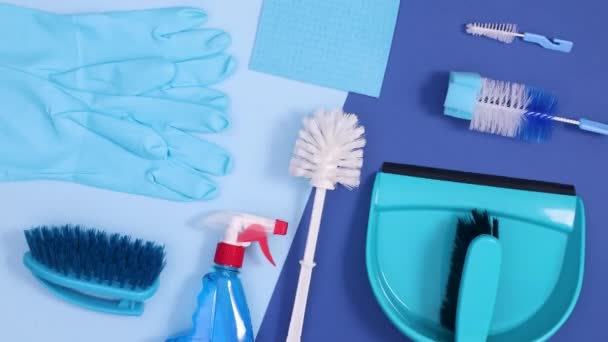 Sanitary Cleaning Household Tools Layout Move Dark Bright Blue Background — Stock Video