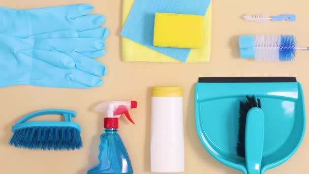 Cleaning Tools Household Sanitary Appear Beige Background Stop Motion Flat — Stock Video