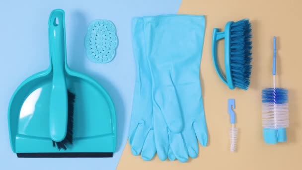 Blue Cleaning Household Tools Ordering Beige Bright Blue Background Stop — Stock Video