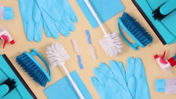 Pattern Made Blue House Cleaning Tools Move Beige Background Stop — Stock Video