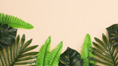 Bej arka planda yeşil tropik yapraklar görünür. Dur, kıpırdama.
