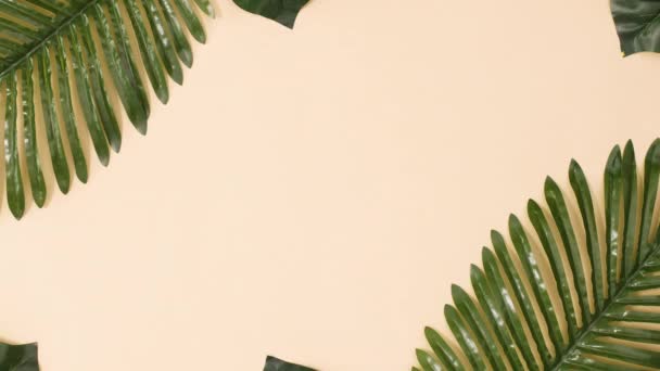 Tropische Blätter Bilden Einen Exotischen Rahmen Mit Kopierraum Auf Beigem — Stockvideo
