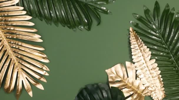 Золоті Зелені Тропічні Листя Рухаються Краях Темно Зеленого Фону Зупинити — стокове відео