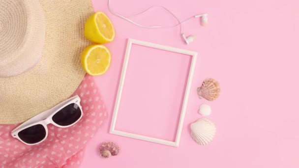 Summer Trendy Beach Accessories Move Copy Space Frame Pastel Pink — Stock Video