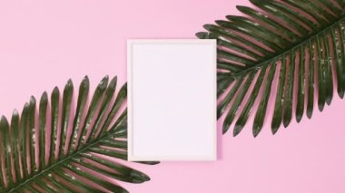 Palmiye yaprakları, pastel pembe arka planda fotokopi çerçevesinin etrafında görünür. Hareketi durdur