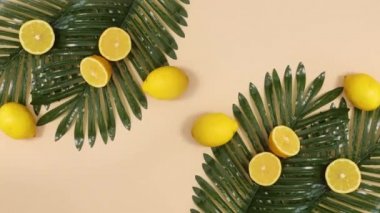 Bej arka planda palmiye yaprakları ve limonlarla yaz tatili düzenlemesi. Hareketi durdur