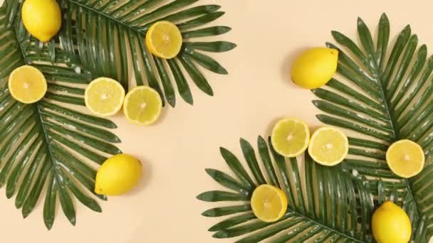 Лето Свежие Украшения Пальмовыми Листьями Лимонами Двигаться Бежевом Фоне Стоп — стоковое видео