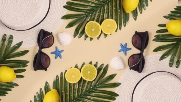 Summer Accessories Palm Leaves Lemons Move Two Sides Stop Motion — Stock Video