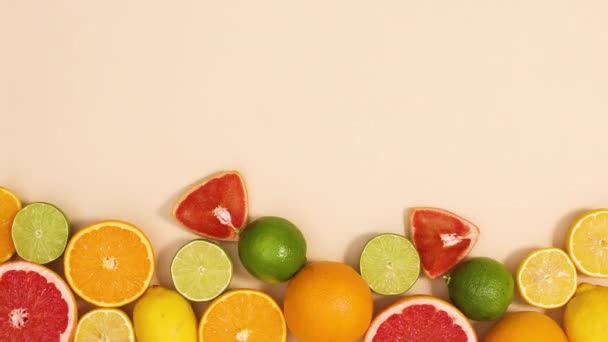 Čerstvé Citrusové Plody Citron Vápno Pomeranč Grapefruit Uspořádání Pohybovat Dně — Stock video