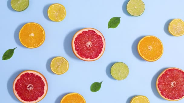 Zomer Knipperend Patroon Gemaakt Van Citrusvruchten Groene Bladeren Een Helderblauwe — Stockvideo