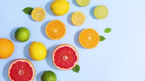 Aufgeschnittene Zitrusgrapefruit Zitronen Orange Und Limetten Bewegen Sich Auf Hellblauem — Stockvideo