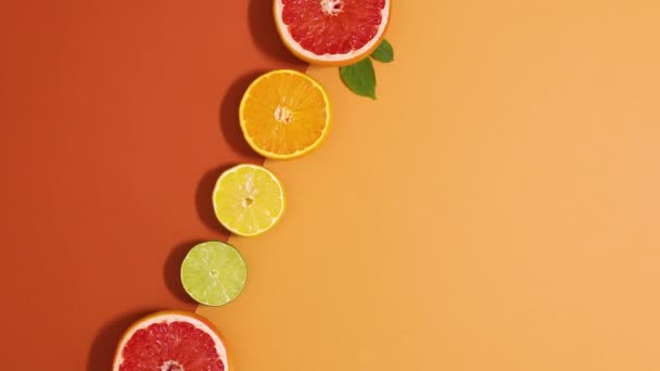 Frische Scheiben Geschnittene Bio Zitrusfrüchte Bewegen Sich Einklang Zwischen Orangefarbenem — Stockvideo