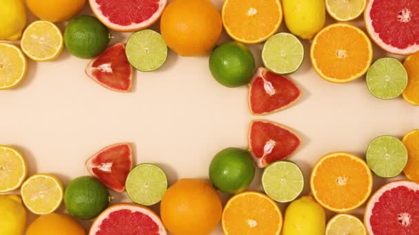 Creative Summer Citrus Fruits Arrangement Beige Background Stop Motion Flat — Wideo stockowe