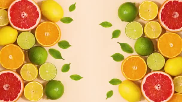 Beautiful Summer Citrus Fruits Arrangement Move Left Right Side Beige — ストック動画