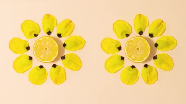 两种富有创意的夏季黄色花朵 由柠檬和花瓣做成 背景是米黄色的 停止运动平铺 — 图库视频影像