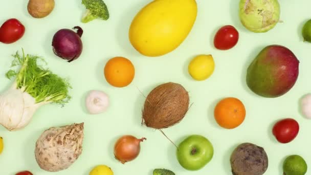 Healthy Fresh Fruits Vegetables Make Creative Pattern Light Green Background — Stock Video