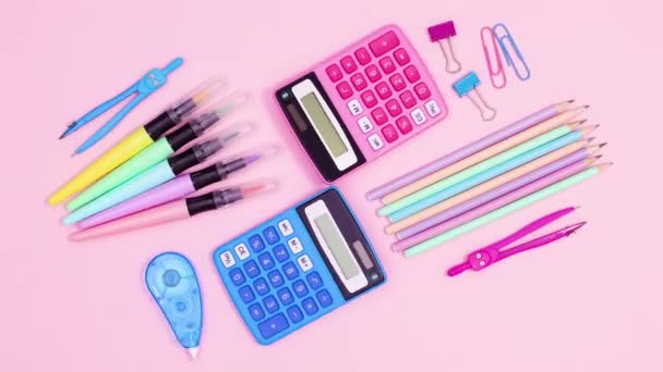 Pastel Vibrant Back School Accessories Move Pastel Pink Theme Stop — Stock Video