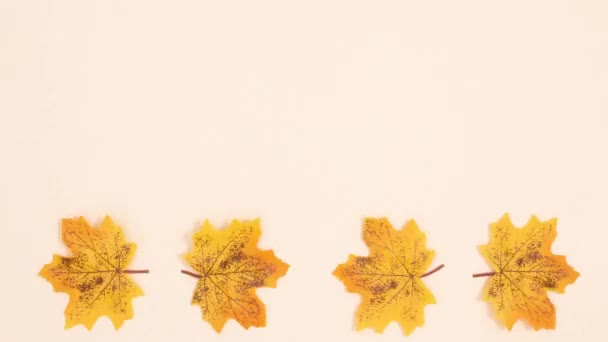 Feuilles Jaunes Automne Tournant Sur Fond Beige Stop Motion — Video