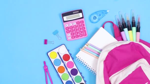 School Stationery Move Backpack Back School Stop Motion — Stock Video