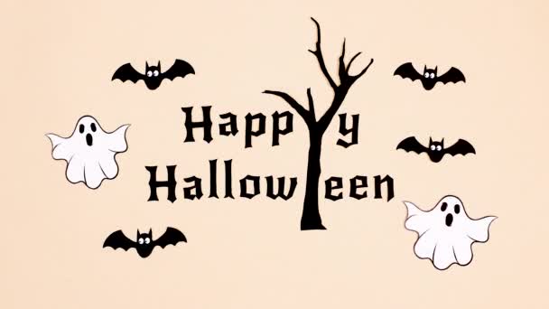 Fliegende Fledermäuse Und Geister Rund Happy Halloween Mit Gruseligen Baum — Stockvideo