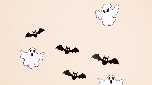 Griezelige Vleermuizen Geesten Vliegen Weg Happy Halloween Tekst Verschijnen Stop — Stockvideo