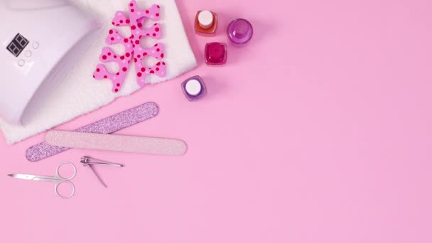 Nail Maniküre Set Bewegung Auf Rosa Thema Stop Motion — Stockvideo