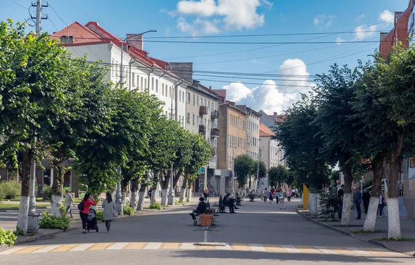 Güneşli bir yaz gününde şehir caddesi. Sovetsk 'te. Rusya