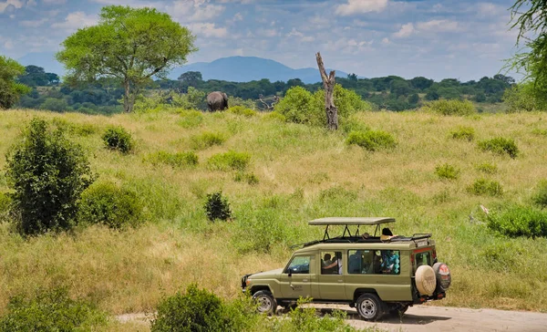 Turyści Samochodzie Safari Patrzą Słonia Krzakach Tanzania — Zdjęcie stockowe