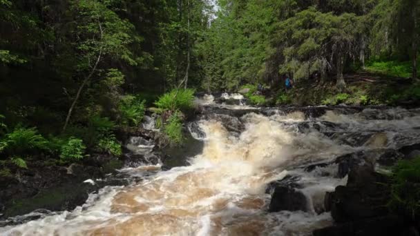 Zpomal Tok Bouřlivé Řeky Peřejích Mezi Skalami Stromy Karelie Rusko — Stock video