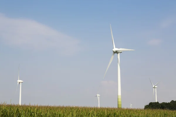 Ветровые колеса на голубом небе с кукурузным полем — стоковое фото