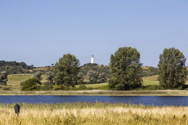 Landschaft auf Hiddensee mit Leuchtturm im Hintergrund — Stockfoto