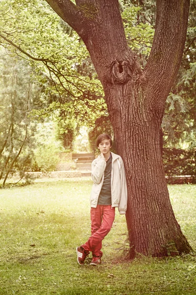 Teenage boy leaning against a tree in a park — Stock Photo, Image