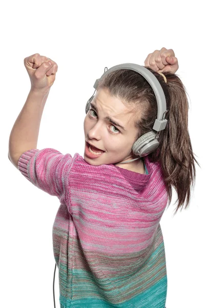 Entusiasta adolescente con auriculares, aislado en blanco —  Fotos de Stock