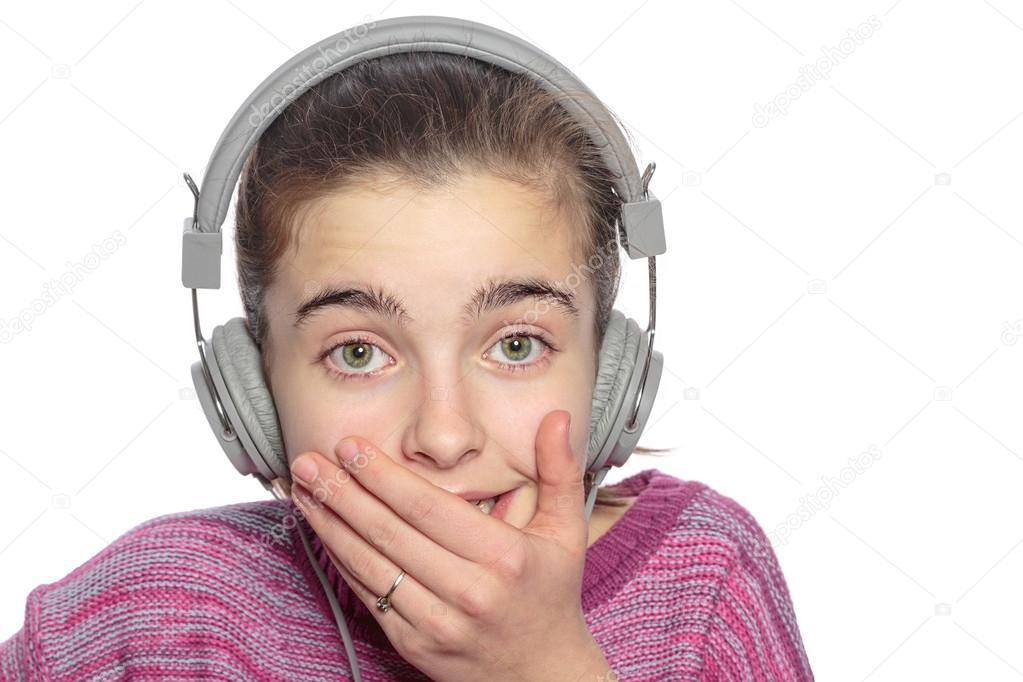 funny  embarrassing touched teenage girl with headphones, isolat