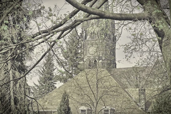 Ripresa vintage di un campanile attraverso un giardino — Foto Stock