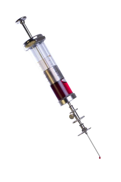 Old vintage syringe with blood, isolated on white — Stock Photo, Image