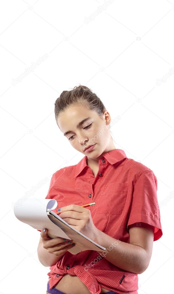 beautiful female student with note pad, isolated on white