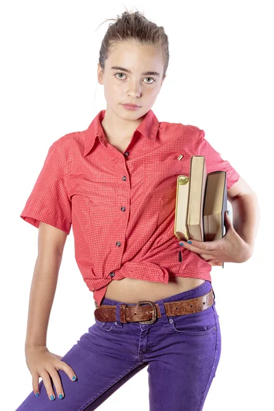 Mooie vrouwelijke student met enkele boeken, geïsoleerd op wit — Stockfoto