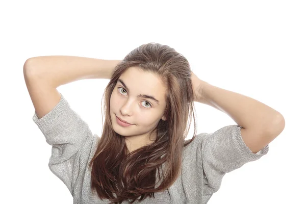 Retrato de una hermosa joven, aislada en blanco — Foto de Stock