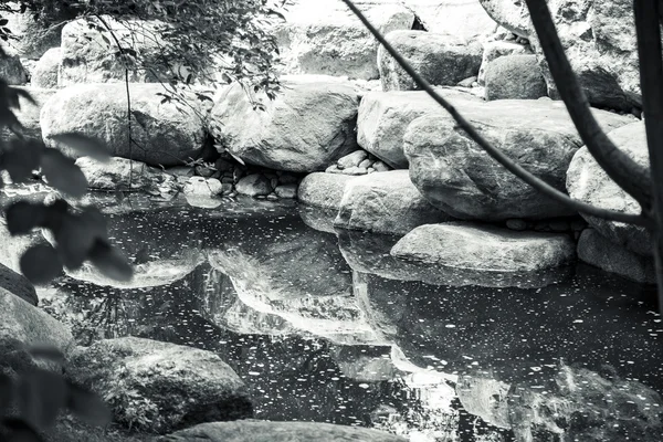 Black and white shot of a silent creek with big rocks — Stock Photo, Image