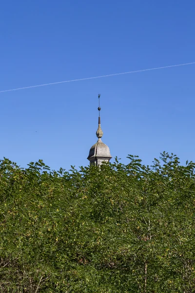 La parte superior de un campanario escondido detrás de los árboles con cielo azul — Foto de Stock