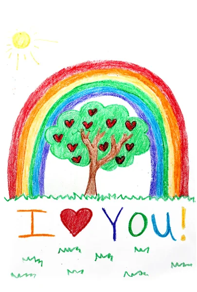 Dibujo de crayón de niño de arco iris y árbol feliz con corazones —  Fotos de Stock