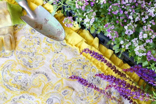 Herramientas de jardín y flores que enmarcan fondo floral —  Fotos de Stock