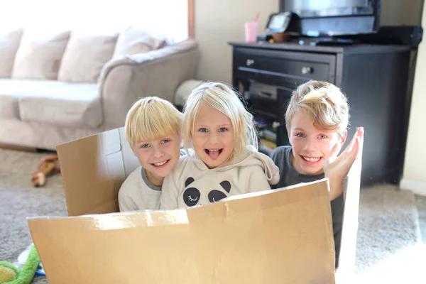 Tres Niños Pequeños Felices Están Jugando Dentro Una Caja Cartón —  Fotos de Stock