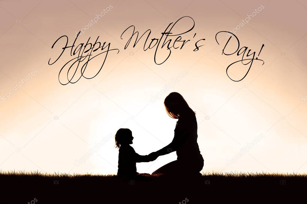 A silhouette of a Christian mother talking to and holding hands with her young child to pray as they sit peacefully outside, against the sunset in the sky, with the words 