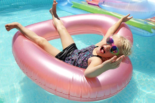 Cute Happy Little Girl Smiling She Relaxes Heart Shaped Floatie — Stock Photo, Image